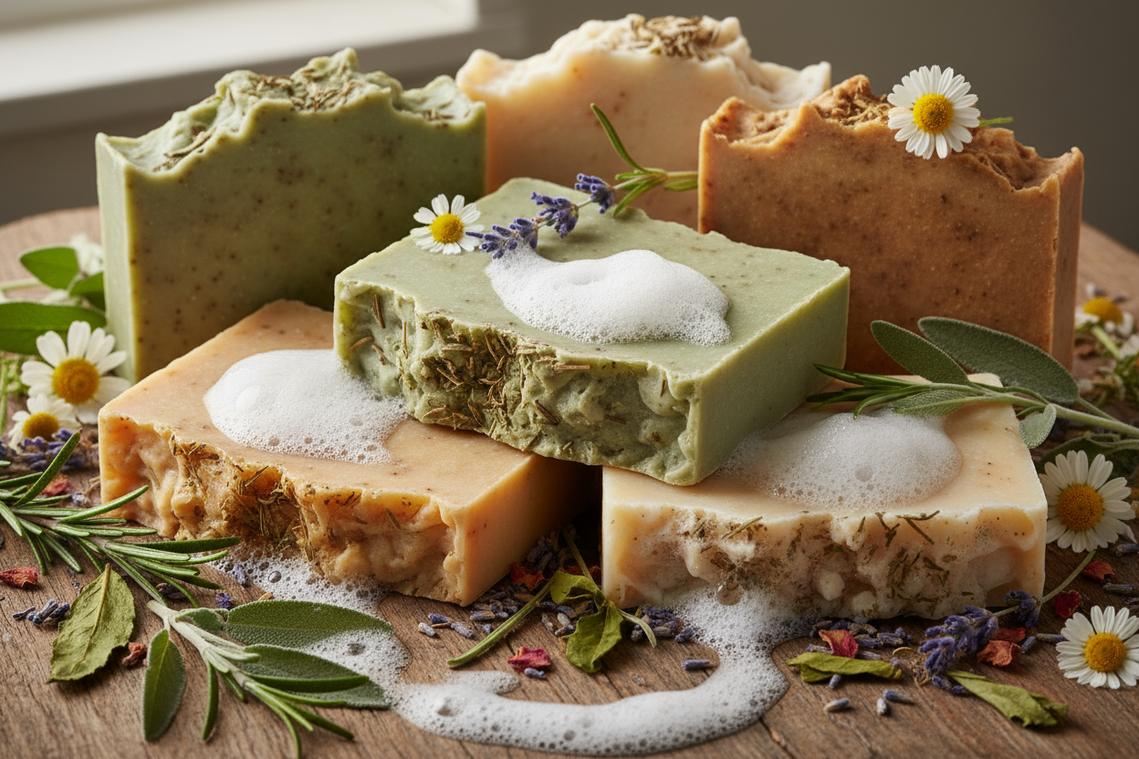 handmade soaps with soap suds and tea herbs showing that it's what's used in the soap making but don't let the brand name of the soaps visible.